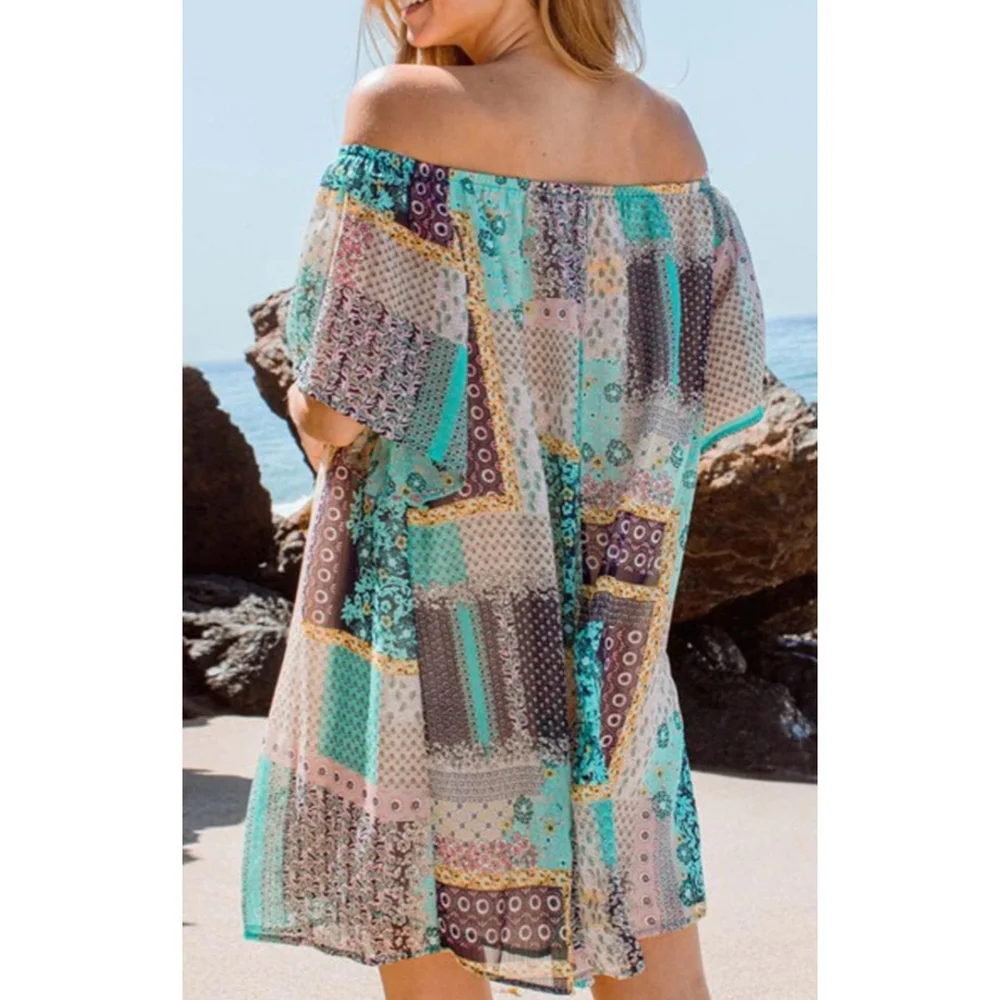 41 Teal flowy boho patchwork off the shoulder flounce sleeve tunic dress - Picture 3 of 5